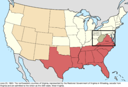 Map of the change to the United States in central North America on June 20, 1863