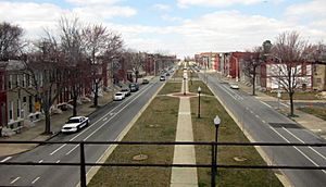 North Broadway in Oliver viewed from the Baltimore Belt Line railroad.