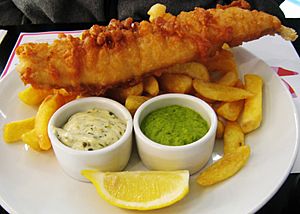 Fish, chips and mushy peas