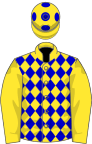 Yellow, blue diamonds on body, yellow cap, blue spots