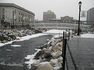 Riffles in Van Der Donck Daylighting Park in Winter, Getty Square neighborhood, Yonkers, New York