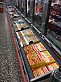 Frozen Pizza Grandiosa in chest freezer, Spar Supermarket in Tjøme, Norway 2017-12-05