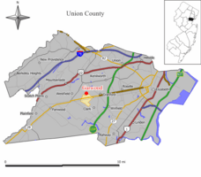 Location of Garwood in Union County highlighted in yellow (left). Inset map: Location of Union County in New Jersey highlighted in black (right).