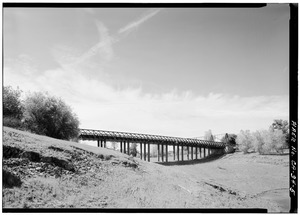 GENERAL ELEVATION VIEW, LOOKING SOUTH - Bidwell Bar Suspension Bridge and Stone Toll House, Near Lake Oroville (moved from fork of Feather River), Oroville, Butte County, CA HAER CAL,4-ORO.V,1-5