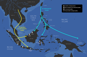 The proposed route of Austroasiatic and Austronesian migration into Indonesia and the geographic distribution of sites that have produced red-slipped and cord-marked pottery