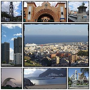 From the top, left to right: Iglesia Matriz de la Concepción, Mercado Nuestra Señora de África, Puente Serrador, Torres de Santa Cruz, Panoramic city, Auditorio de Tenerife, Playa de Las Teresitas and Plaza de España.