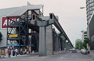 Seattle monorail temporary downtown terminal at 5th & Stewart, August 1987