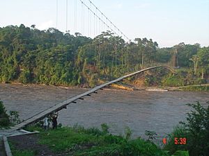 Puente colgante peatonal construido artesanalmente