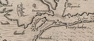 The Carte of all the Coast of Virginia by Theodor de Bry - Roanoke Island detail