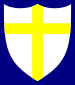 A yellow cross on a white shield