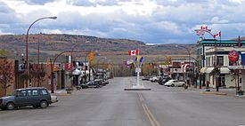 Looking south into downtown Dawson Creek, with the Mile "0" post.