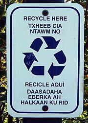 Minneapolis instructions for recycling in English, Hmong, Spanish, and Somali