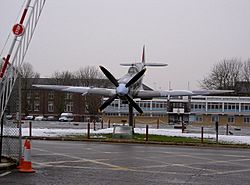 A full-size model Spitfire gate guard at the entrance to RAF Uxbridge.