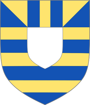 Arms of Mortimer: Barry or and azure, on a chief of the first two pallets between two gyrons of the second over all an inescutcheon argent