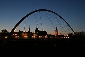 View through the Footbridge over the river Mulde to St. Mary's Church, Johannbau and Townhall.