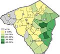 Lancaster county (Amish as a proportion by township, among adults 18+)