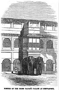 Portico of the Coorg Rajah's Palace at Somwaspett (May 1853, X, p.48) - Copy