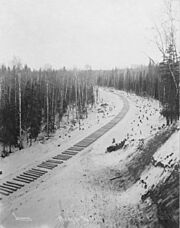 Railroad construction - ties awaiting rails, Alaska, 1915