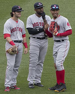 Andrew Benintendi, Jackie Bradley, Mookie Betts (34100896001) (cropped)