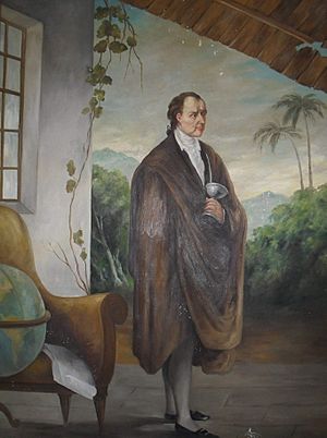 Three-quarter-length drawing of a middle aged man with hair pulled back, in a heavy coat with large cuffs.