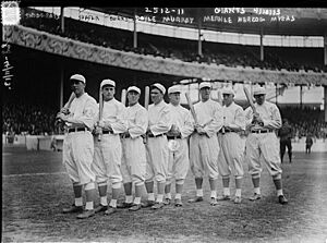 New York Giants Opening Day line-up at the Polo Grounds New York. Left to right Fred Snodgrass, Tillie Shafer, George Burns, Larry Doyle, Red Murray, Fred Merkle, Buck Herzog, Chief Meyers (baseball) (LOC)