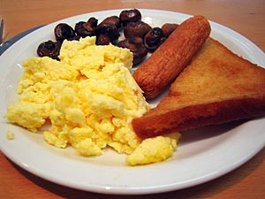 Scrambled eggs veggie sausage mushrooms and fried bread cc flickr user loopzilla.jpg