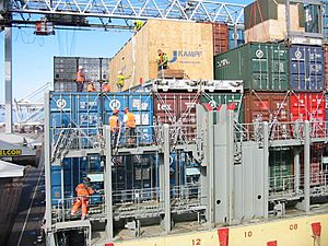 Dockworker team on a container ship