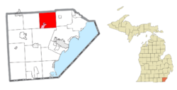 Left: Location within Monroe County (red) and the administered village of Maybee (pink); Right: Location within the state of Michigan