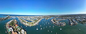 Aerial perspective of Mooloolaba's network of waterways