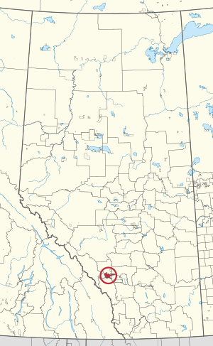 A map of the province of Alberta showing 80 counties and 145 small Indian reserves. One is highlighted with a red circle.