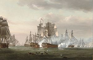 Nicholas Pocock - In action at Trafalgar, H.M.S. Tonnant engaging the Spanish '74' Monarca