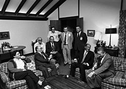 Sadat and Begin and their delegations at Camp David, September 17, 1978 (10729645586)