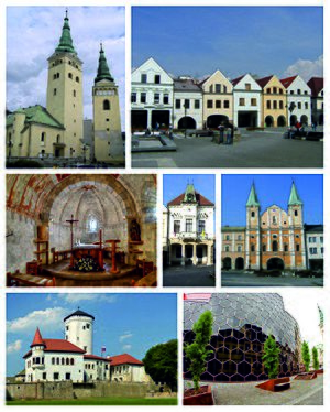 Top: Žilina Holy Trinity Cathedral, Mariánske námestie with burgher heritage houses in Mariánske Square, Middle: An inside view of Žilina St.Stephen Church, A heritage of Žilina Town Hall, St.Paul the Apostle and Jesuit Church, Bottom: Budatín Castle, Mirage Commerce Complex Center (all item from left to right)