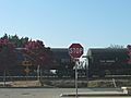 A train sits behind a stop sign at an intersection in Cordelia, California