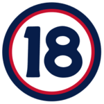 The number "18" in navy blue set against a white circle with a red and navy border