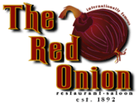 Stylized lettering saying "The Red Onion" in red with yellow trim, descending further rightward with each word. A drawn red onion rests, tilted, on the right. Above it are the curved words, in small type "Internationally famous", with "saloon … restaurant … established 1892" below in similar type