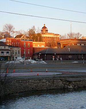 The Little Black River in foreground, then the old depot, then a bit of the downtown, and the Taylor County Courthouse at top middle.