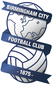 Badge of Birmingham City: a line-drawn globe above a football, with ribbon carrying the club name and year of foundation