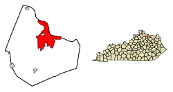 Location of Maysville in Mason County, Kentucky.