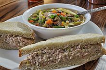 Soup and ham salad sandwich