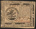 Verso The United Colonies 5 dollars 1775 urn-3 HBS.Baker.AC 1142110