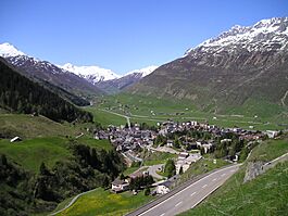 Andermatt looking west through the Urseren valley towards Hospental in front and the Furka Pass in the back (March 2005)