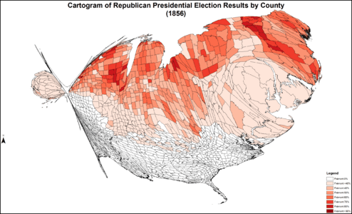 CartogramRepublicanPresidentialCounty1856Colorbrewer