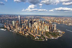 Lower Manhattan, including Wall Street, anchoring New York City's role as the world's principal fintech and financial center, with One World Trade Center, the tallest skyscraper in the Western Hemisphere