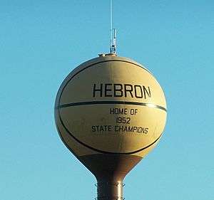 The Hebron water tower, painted to resemble a basketball