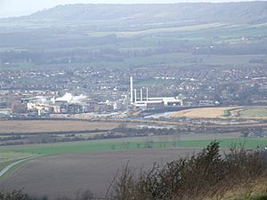 Town nestling at the foot of rolling hills