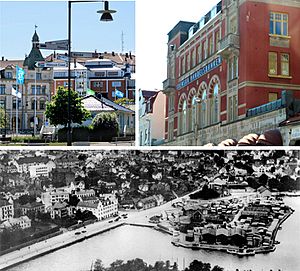 Oskarshamnupper left: Skeppsbron; upper right: Building at Lilla torget; bottom: Harbor area.