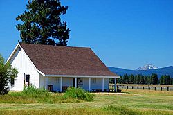 Wooden guard house in grass field with tree and mountain background