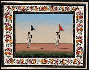 Two men carrying a sword and a backpack with a pennant. Gouache painting by an Indian artist. Wellcome V0045652