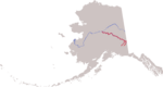 Course of the Tanana River, formed by the shorter Nabesna River (left) and Chisana River (right), then flowing northwest to meet the Yukon River